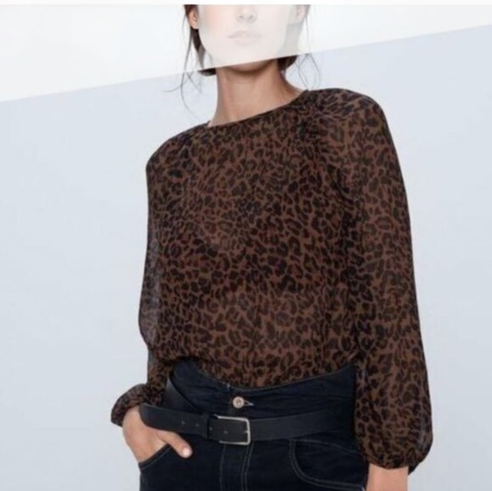 Zara Sheer Leopard Peasant Blouse Loose Oversized Brown Medium
